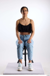 Whole Body Woman Casual Jeans Slim Sitting Top Studio photo references